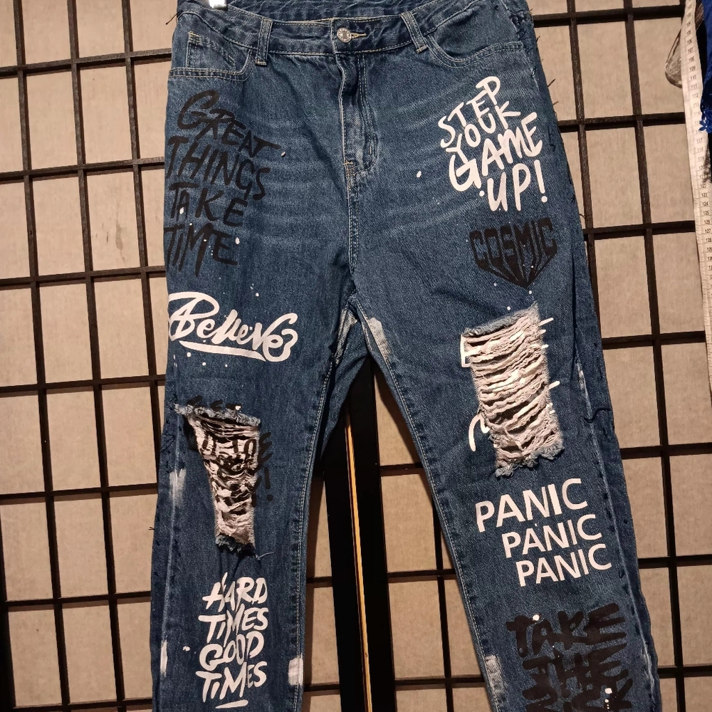Shein Graphic Distressed Blue Denim Jeans with White & Black Lettering